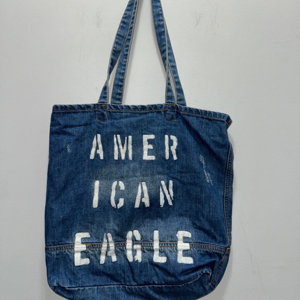 American Eagle Outfitters Distressed Denim Tote Bag Blue Jean Graphic Logo Y2K‎